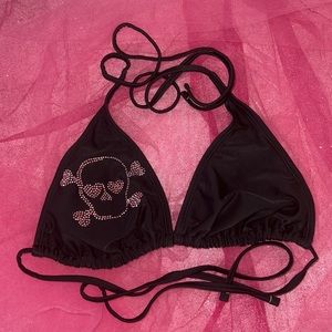 Blk Bikini Top w/ pink skull head embellishments.